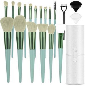 20PCs Green Professional Makeup Brushes Set with Travel Case & 2 Powder Puff